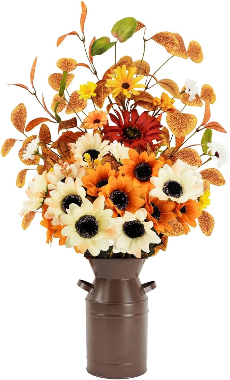 22.5" Fall Artificial Sunflower Centerpieces with Metal Pot, Fall Table Centerpieces Faux Sunflower Potted Plants Silk Flowers Floral Arrangement for Autumn Harvest Home Decoration